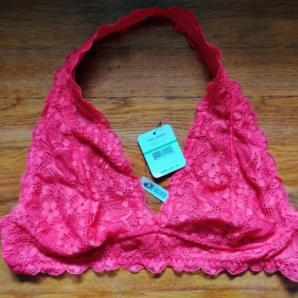 Intimately Free People Red-Pink Lace Halter Bralette Bra - Size Large - NWT - Picture 1 of 6